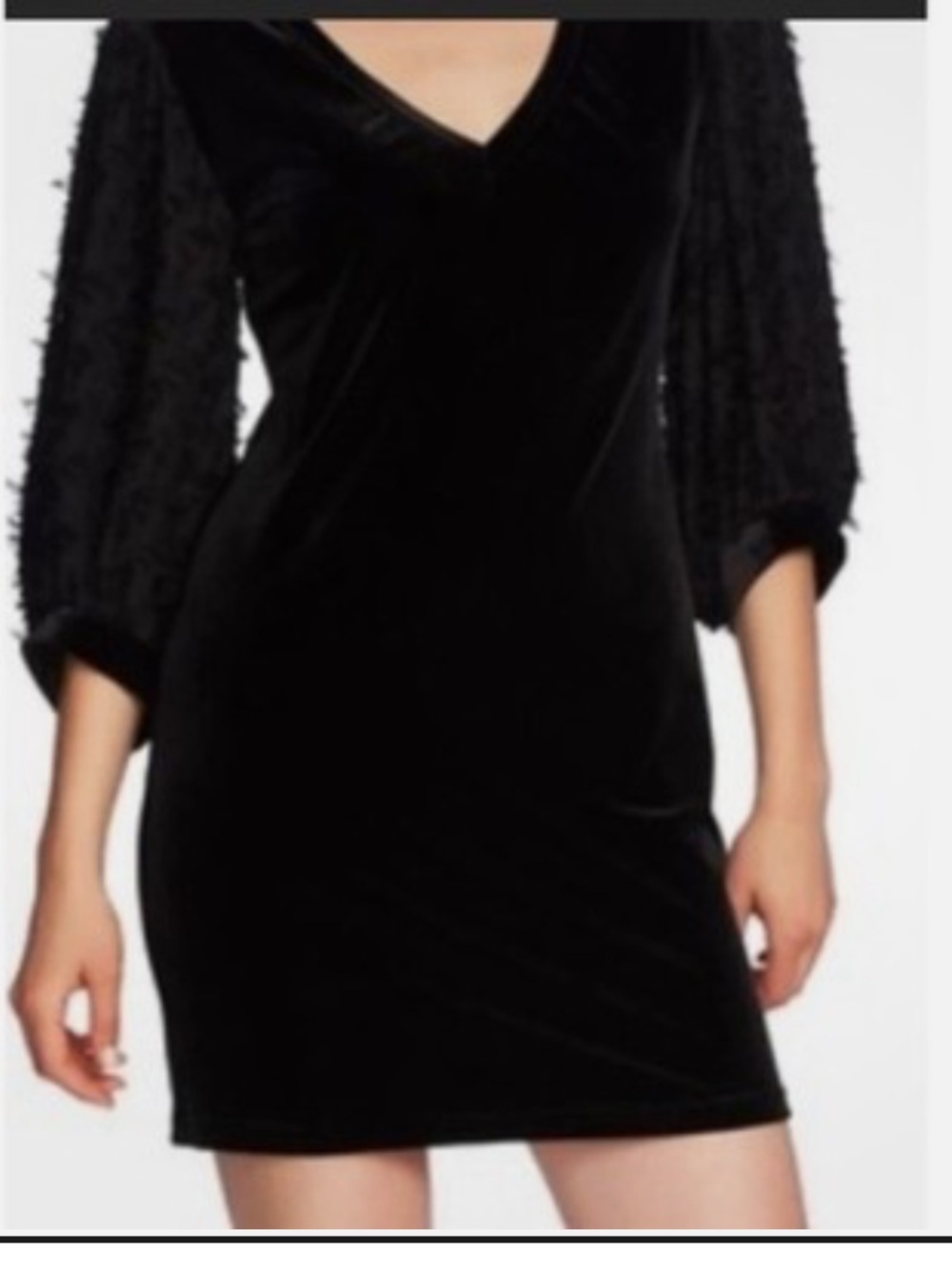 1State Black Velvet V-Neck Mini Dress with Textured Puff Sleeves Medium